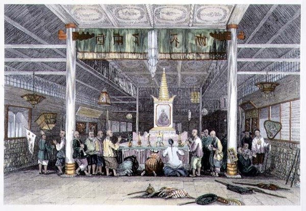 George Newenham Wright (c.1790-1877) 1843年の「China in a Series of Views」より「Canton, Buddha Temple」（彩色された彫刻版 作： トーマス（後）アロム