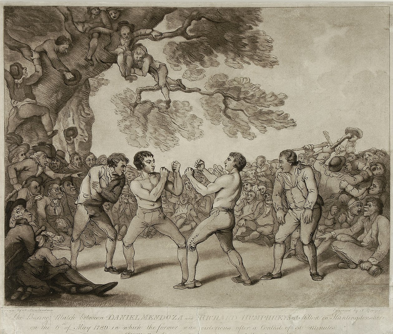 1789年5月6日、ハンティンドンシャー州スティルトンで行われたダニエル・メンドーサとリチャード・ハンフリーズのボクシング試合、ジョセフ・グローザー(c.1755-99)の手によるもの(エングレーヴィング) 作： トーマス (後) ローランドソン