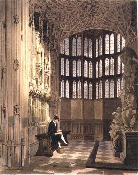 ヘンリー7世礼拝堂、「ウェストミンスター寺院」のプレートR、J. Bluck（fl.1791-1831）の彫刻、Rudolph Ackermann（1764-1834）の出版物、1812年（アクアチント）。 作： トーマス（後）Uwins