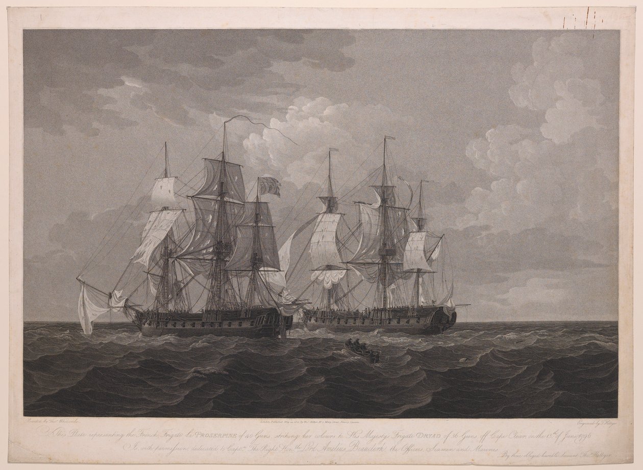 このプレートは1796年6月13日、クリア岬沖で、フランス軍フリゲート艦ラ・プロセルピン号（40砲）が陛下のフリゲート艦ドライアド号（36砲）に衝突する様子を表現したもので、ボークラーク少佐に捧げられた。アメリウス・ボークラック卿... 作： トーマス（後）ウィットコム