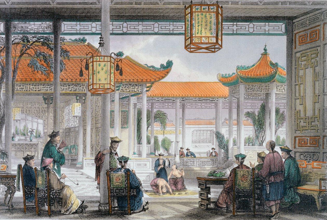 「マンダリン宮殿のコートで演奏する曲芸師」、中国、1843 年 作： トーマス・アロム