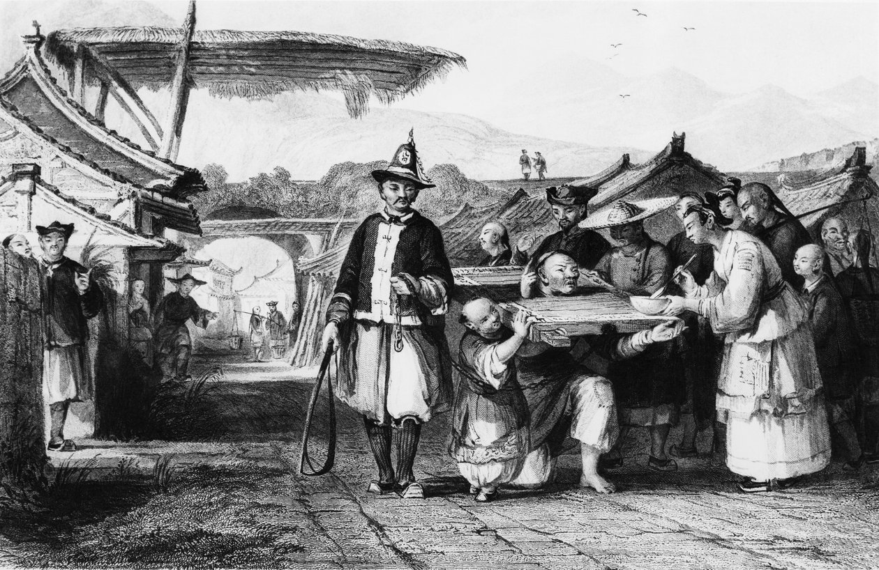 tcha または cangue (木製のヨークまたはさらし台) を使用した罰、中国帝国の Thomas Allom (1804-1872) による彫刻 作： トーマス・アロム