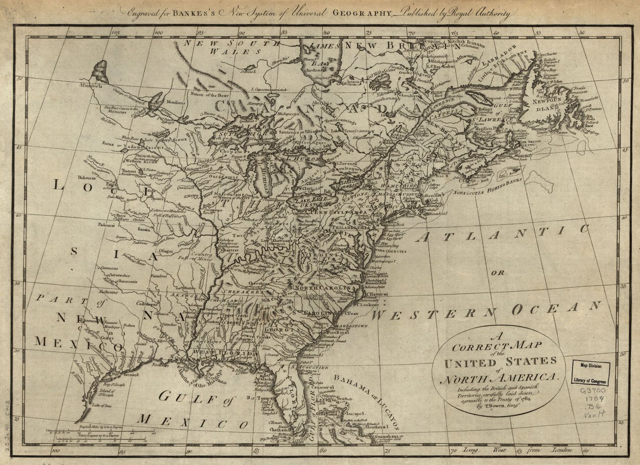 北アメリカ合衆国の正確な地図。イギリス領とスペイン領を含み、1784年の条約に従って慎重に作成された。LOC 74692103 作： トーマス・ボウエン