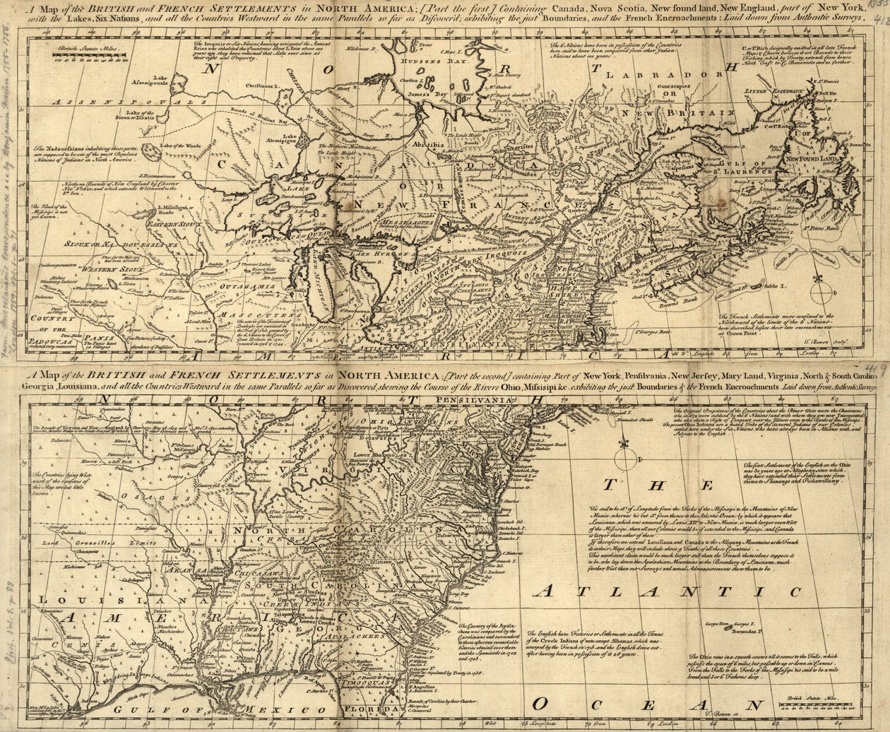北アメリカにおけるイギリスとフランスの入植地地図 LOC 2003623385 作： トーマス・ボウエン
