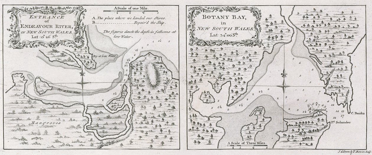 ジェームズ・クック船長の海図 エンデバー川とニュー・サウス・ウェールズのボタニー湾の入り口 作： トーマス・ボウエン