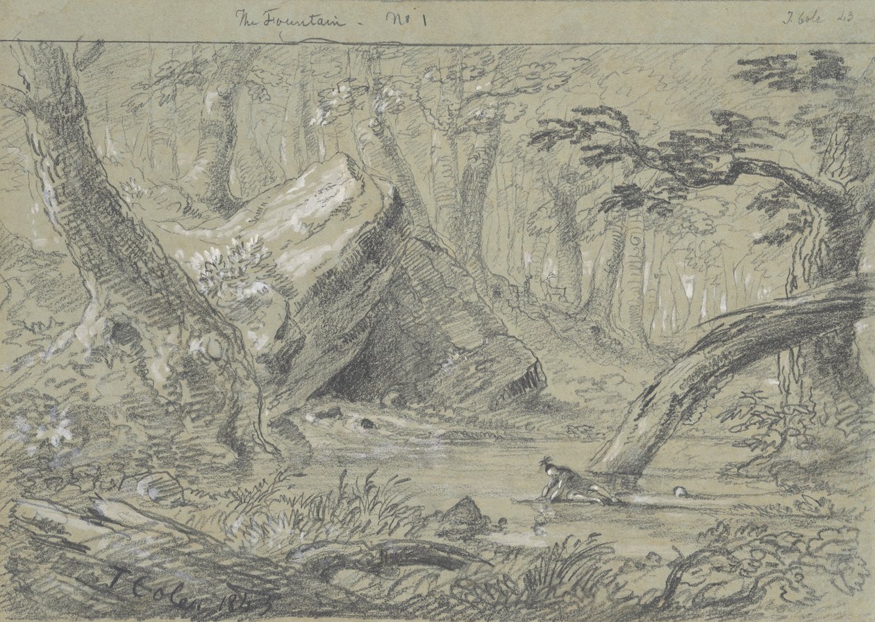 The Fountain, No. 1: 死の渇きを癒す傷ついたインディアン、1843年。 作： トーマス・コール