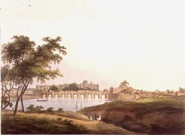ベンガル、ジュオンポアの橋、H.メルケ（fl.1800-20）の彫刻、エドワード・オルム（1774-c.1820）の出版物、1804年（リトグラフ）。 作： トマス・ダニエル