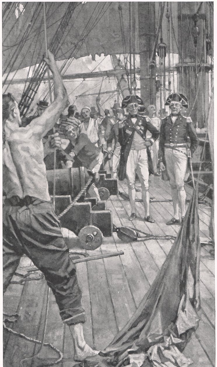 有名な信号の引き上げ、「陸と海のイギリスの戦い」のイラスト、ロンドン、カッセル発行、1910年 作： トーマス・デイビッドソン