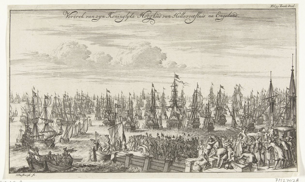 1688年、ヘルヴォエツルイスからイギリスへのウィリアム3世の出発 イングランド後のヘレヴォエツルイス国王殿下の出発 (オブジェクトの称号) 作： トーマス・ドーズバーグ