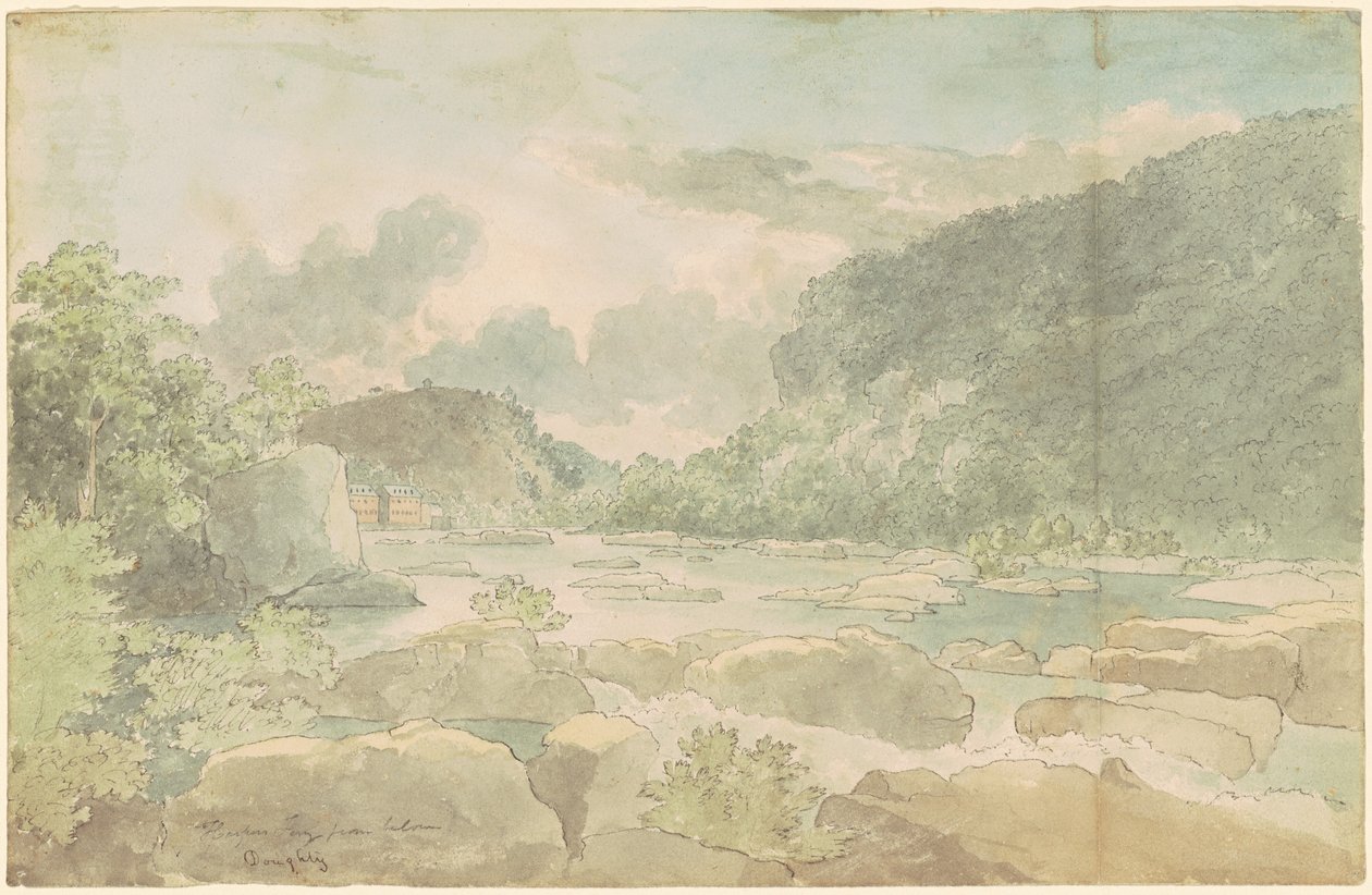 下からのハーパーズフェリー、c.1825-26（紙に水彩でペンとインク） 作： トーマス・ダウティ