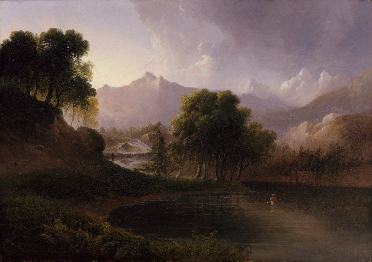 小川と山のある風景、1833年。 作： トーマス・ダウティ