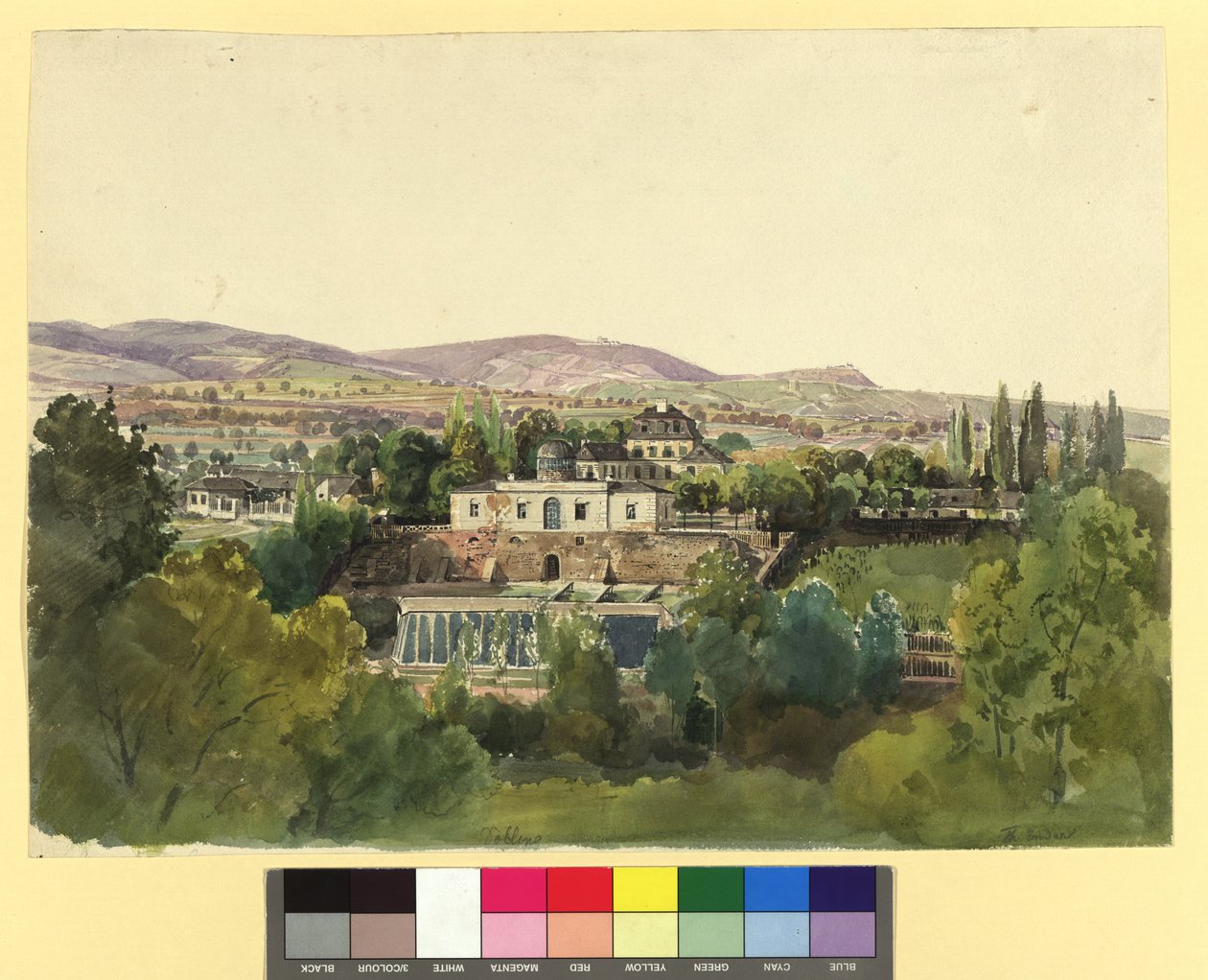 デーブリングから望むカーレン山地とヨハン・フォン・ラング男爵のヴィラ（ヌスヴァルトガッセ19番地または22番地） 作： トーマス・エンダース