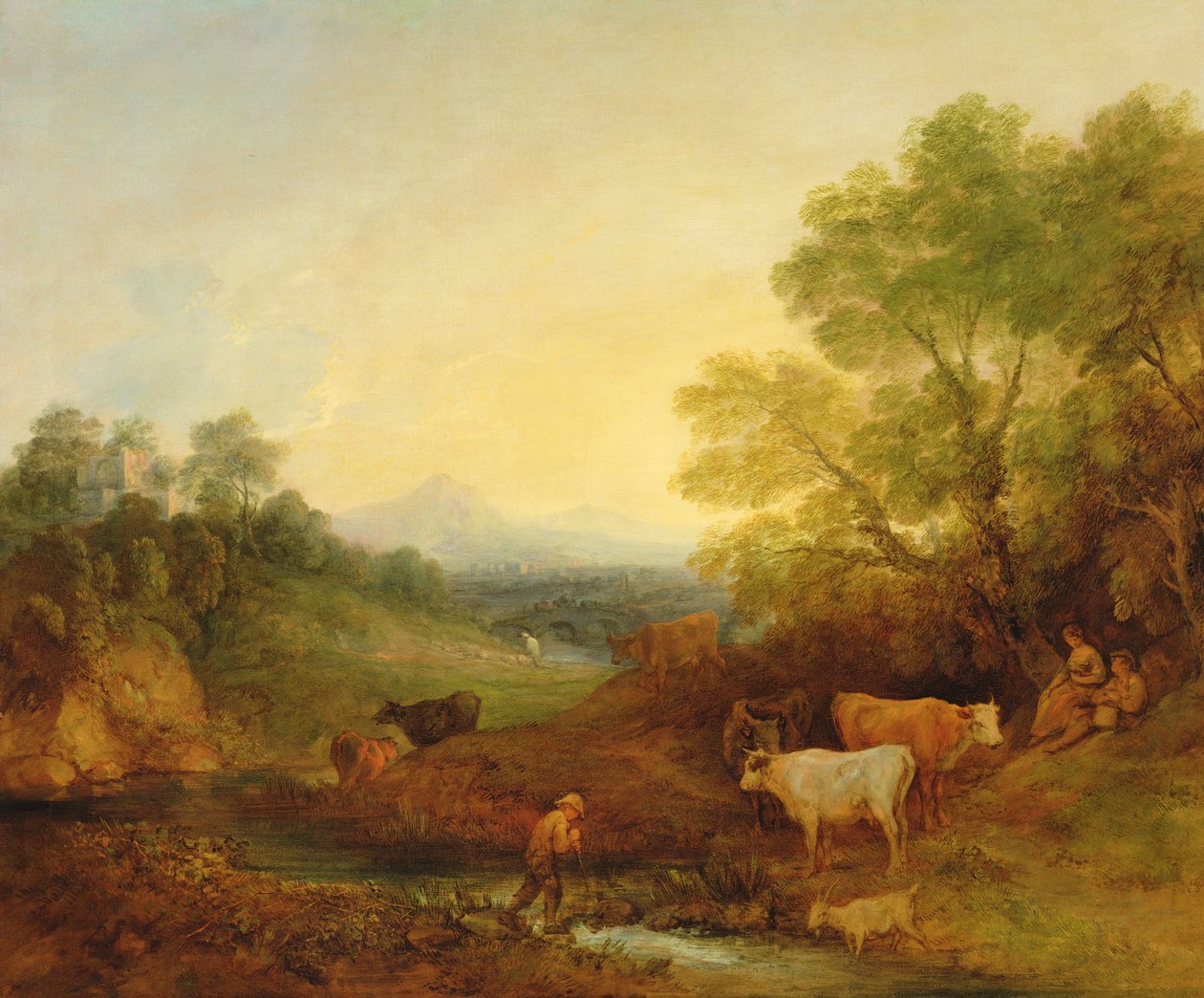 川と遠い橋のそばの牛と人物のいる風景、c.1772-4（帆布に油彩） 作： トーマス・ゲインズバラ