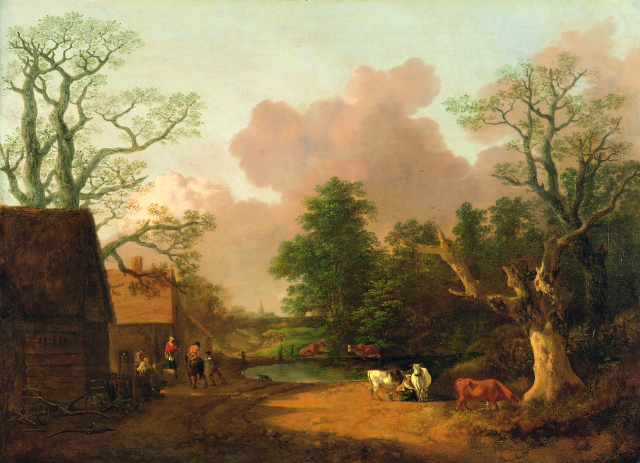 人物、農場の建物、乳搾り女のいる風景、c.1754-6（キャンバスに油彩） 作： トーマス・ゲインズバラ