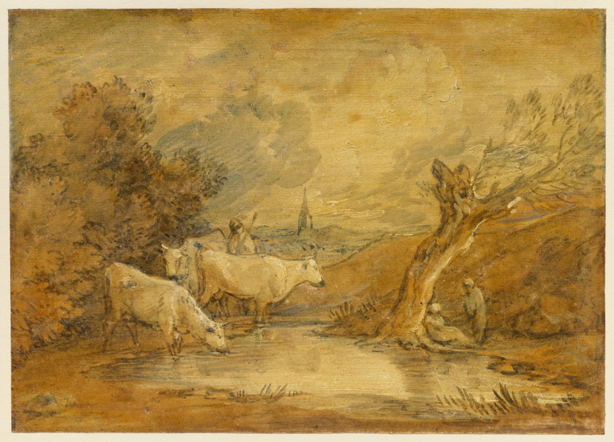 Landschaft mit Figuren, Hirte und Vieh an einem Teich, und ferne Kirche 作： トーマス・ゲインズバラ