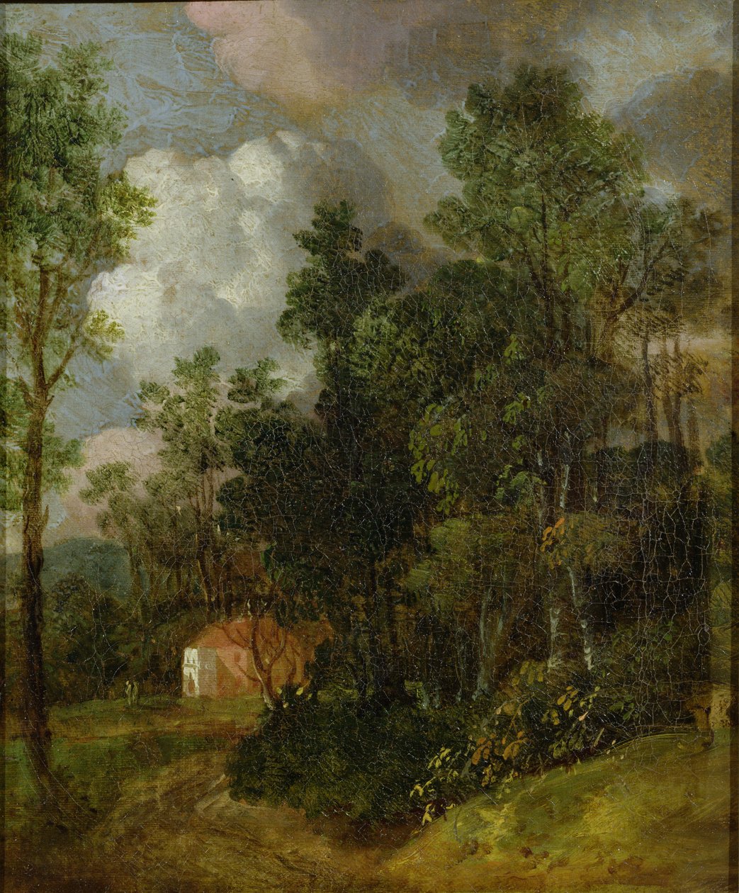 カントリーハウスと2つの人物が描かれた樹木が茂った風景、1752年頃（キャンバスに油彩、キャンバスに配置） 作： トーマス・ゲインズバラ