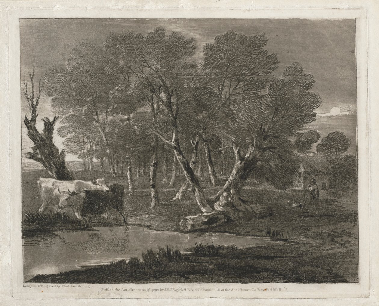 1797年に出版された、プール、フィギュア、コテージの横にある牛のいる森の風景。 作： トーマス・ゲインズバラ