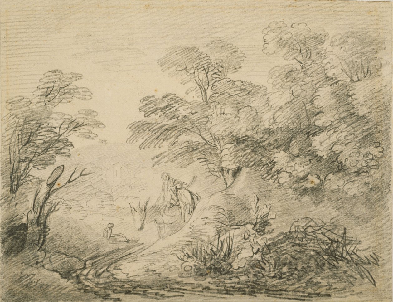 ロバと人物のいる森の風景、1759年頃（紙に黒鉛） 作： トーマス・ゲインズバラ