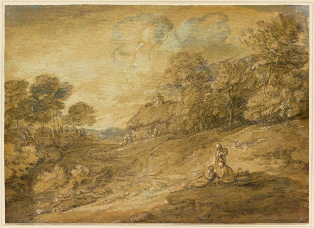 Waldlandschaft mit Figuren und gewundenem Pfad zu einem Cottage 作： トーマス・ゲインズバラ