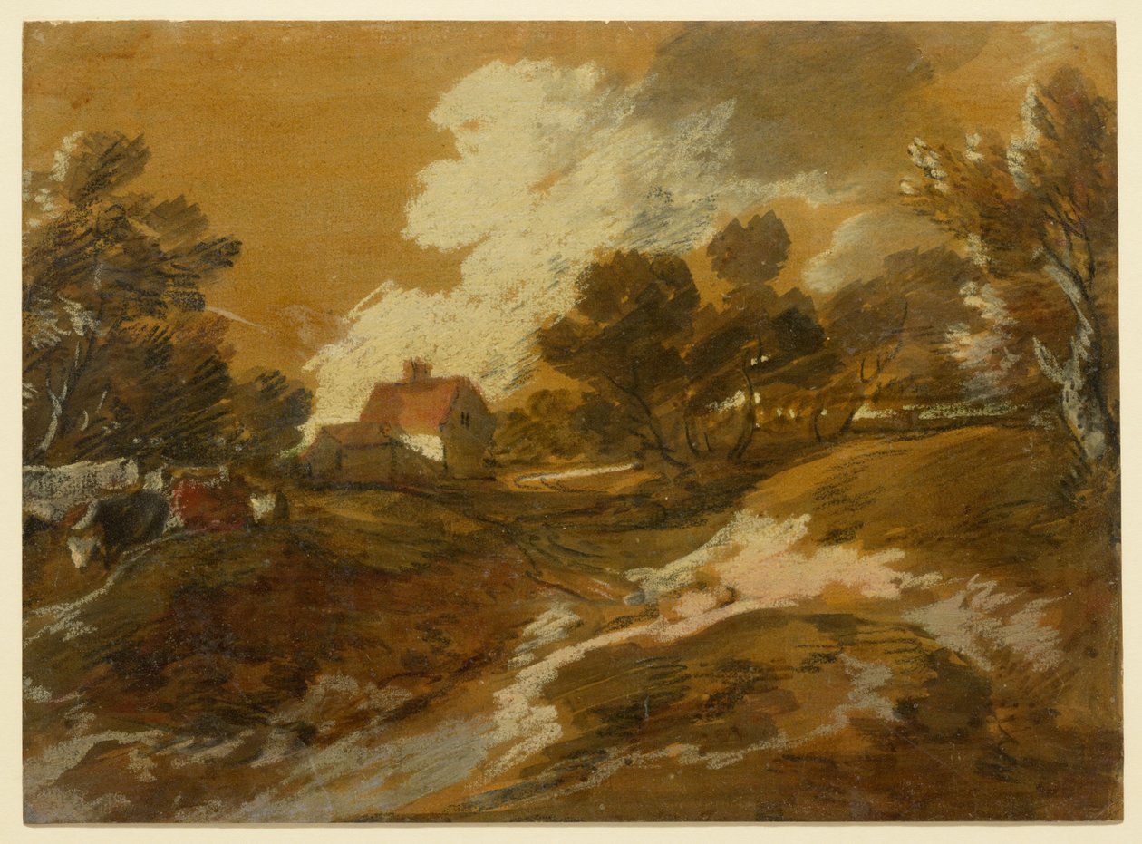 Waldlandschaft mit Hütte und Kühen 作： トーマス・ゲインズバラ