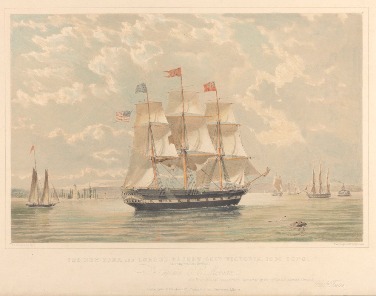 ニューヨーク・アンド・ロンドン・パケット船ヴィクトリア号（ニューヨーク港に入港）1839-44年頃（リトグラフ、彩色済み） 作： トーマス・ゴールズワース・ダットン
