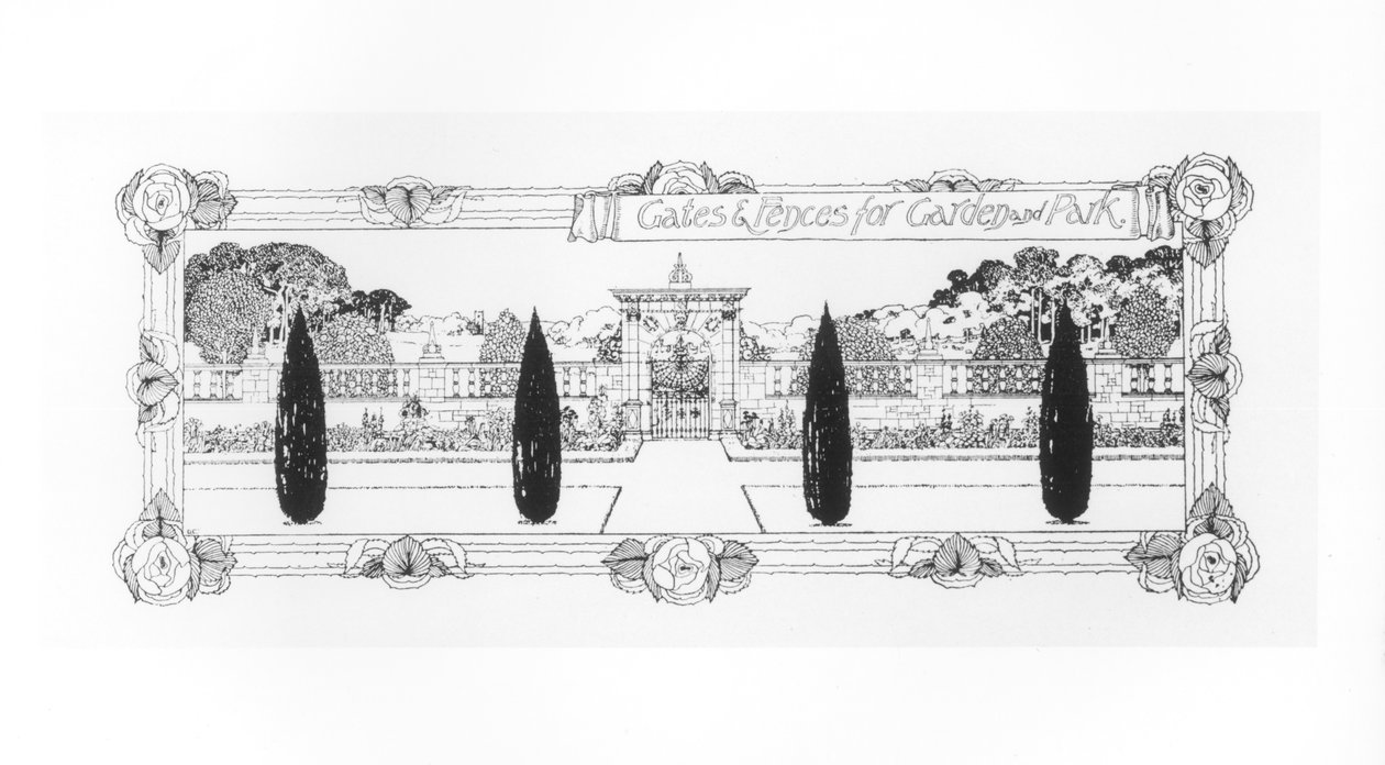 「庭作りのアートとクラフト」の1900年に出版された、庭と公園のゲートとフェンス 作： トーマス・ヘイトン・モーソン