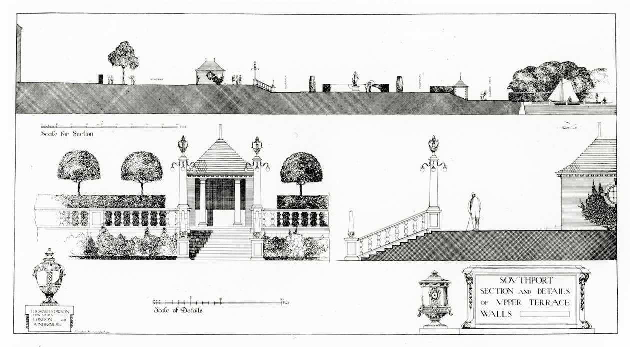 サウスポート：1911年に出版されたThomas Mawsonの「Studies in Town Planning」からの上部テラスと壁のセクションと詳細 作： トーマス・ヘイトン・モーソン