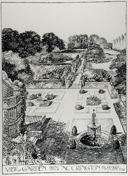 The Art and Craft of Garden Making」（Thomas Mawson著、1900年刊）より、AccringtonのBroad Oakにある庭園の眺め（彫刻）（モノクロ写真 作： トーマス・ヘイトン・モーソン