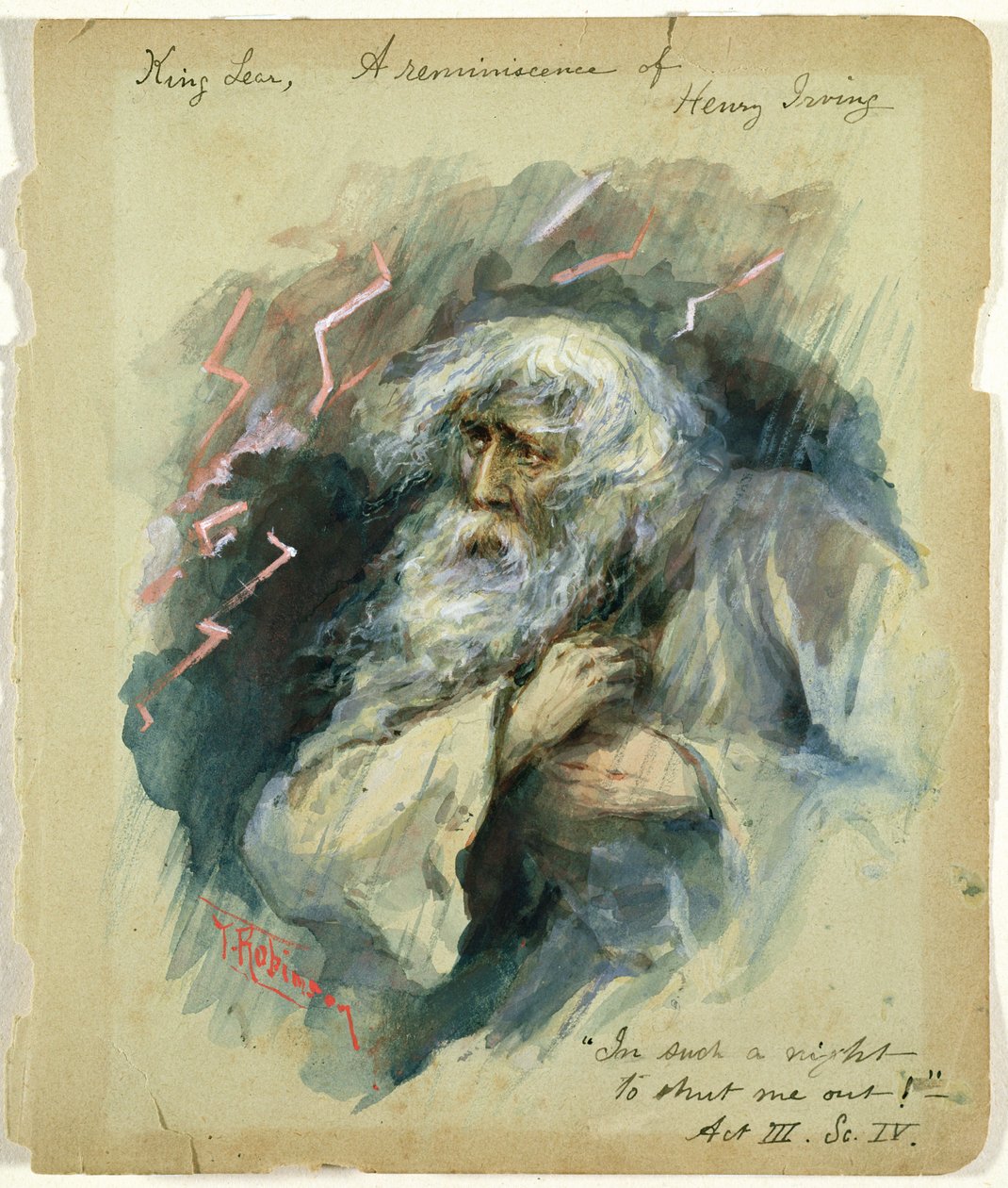 リア王』ヘンリー・アーヴィングの回想："In such a night To shut me out!", Act III, Scene 4 (watercolor) 34:King Lear (Act III, Scene 4)：ヘンリー・アーヴィングの回想「こんな夜に私を閉め出すために！」（水彩画） 作： トーマス・ヒース・ロビンソン