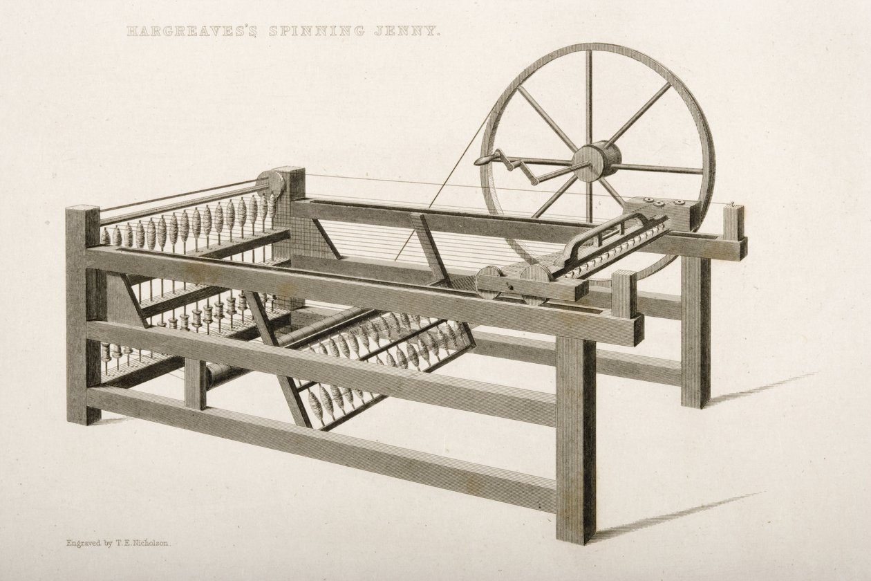 ジェニー・ハーグリーブスが1764年、1835年に発明した紡績ジェニー 作： トーマス・ヘンリー・ニコルソン
