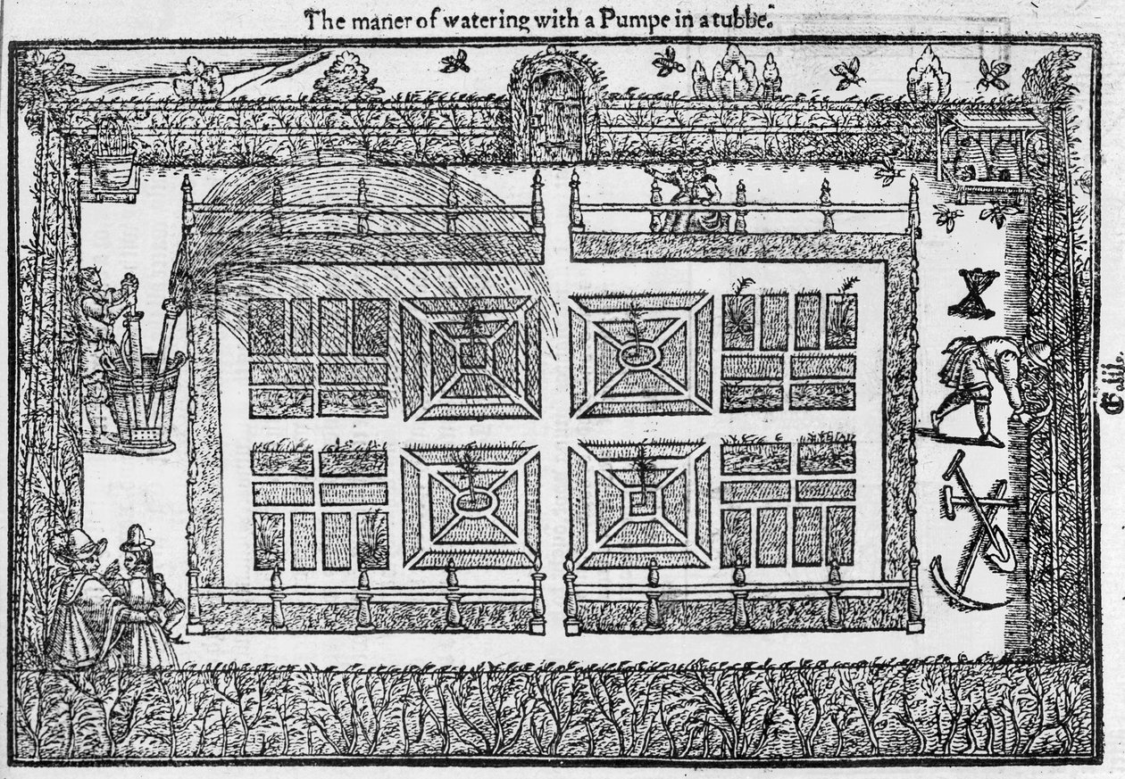 庭師のラビリンス、1577年から、水槽でポンプで水をまくマナー 作： トーマス・ヒル