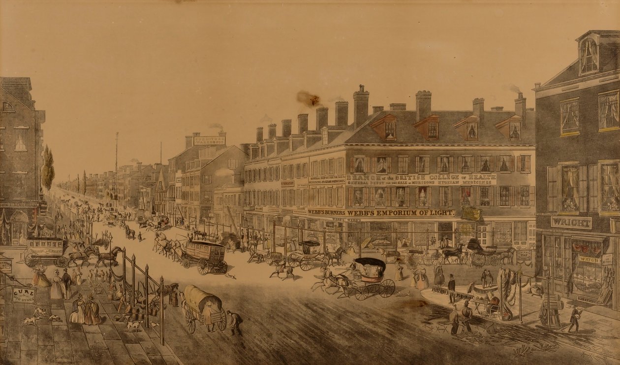ブロードウェイ、ニューヨーク、1836年（ウェッブの照明店を示す） 作： トマス・ホーナー