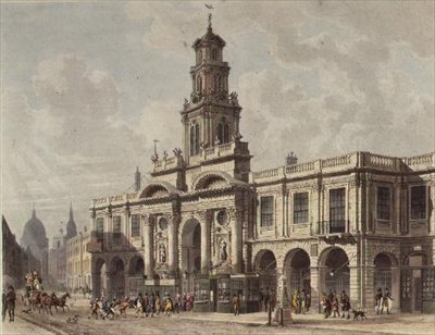 A View of The Royal Exchange, Cornhill, Daniel Havell (1785-1826)の彫刻。1816年、アッカーマンの「芸術のリポジトリ」に掲載（アクアチント）。 作： トーマス・ホスマー（後）羊飼い