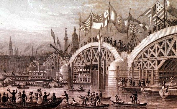 ニュー・ロンドン・ブリッジと未完成のアーチの下を通過する市長の行列 トーマス・ハイアム（1796-1844）のエングレーヴィング ジョーンズ＆カンパニーから出版された。1828年11月 (エングレーヴィング) 作： トーマス・ホスマー（後）羊飼い