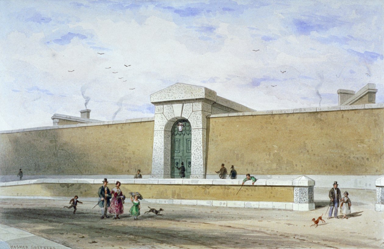 ブライドウェル刑務所の門、Tothill Fields、Westminster、London、c1850。 作： トーマス・ホスマー・シェパード