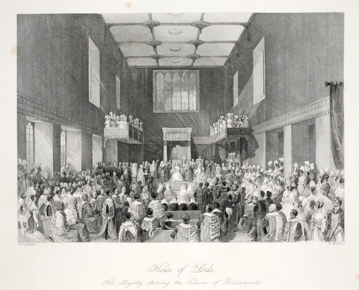House of Lords、パブ「コスチュームとセレモニーのあるロンドンインテリア」から。ジョセフミード、ロンドン、1843年頃（鋼の彫刻） 作： トーマス・ホスマー・シェパード