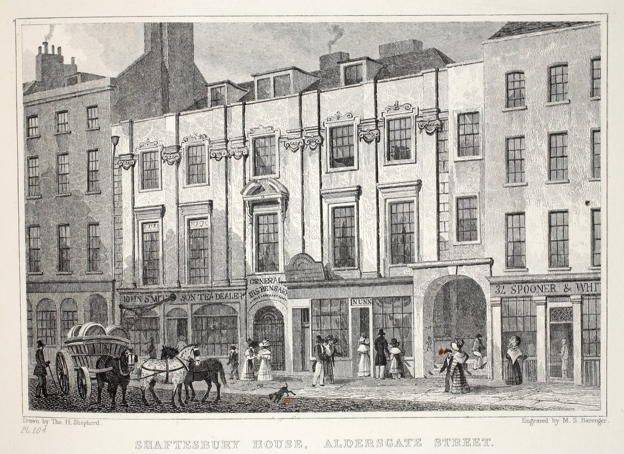Shaftesbury House、Aldersgate Street、「ロンドンと19世紀の環境」パブから。 Jones und Co.、1827-1829 作： トーマス・ホスマー・シェパード