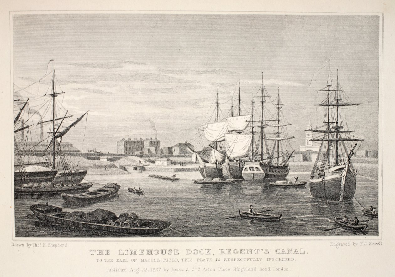 ライムハウスドック、リージェンツ運河、「ロンドンと19世紀の環境」パブから。 Jones und Co.、1827-1829 作： トーマス・ホスマー・シェパード