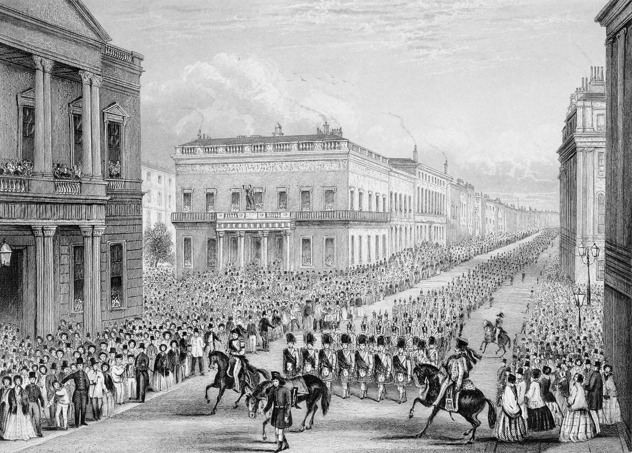 1852年、ロンドンのポール・モールにあるシニア・ユナイテッド・サービス・クラブを通過するウェリントンの葬儀の列 作： トーマス・ホスマー・シェパード