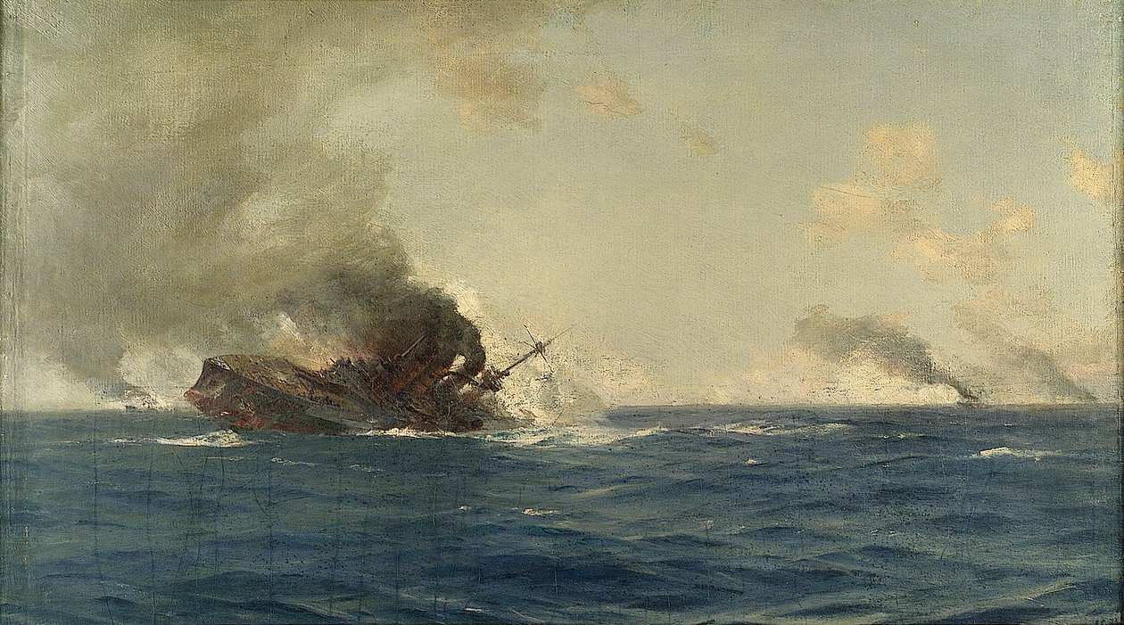 フォークランド諸島海戦における「シャルンホルスト号」沈没、1914年12月8日、1915年頃（キャンバスに油彩） 作： トーマス・J・サマースケール
