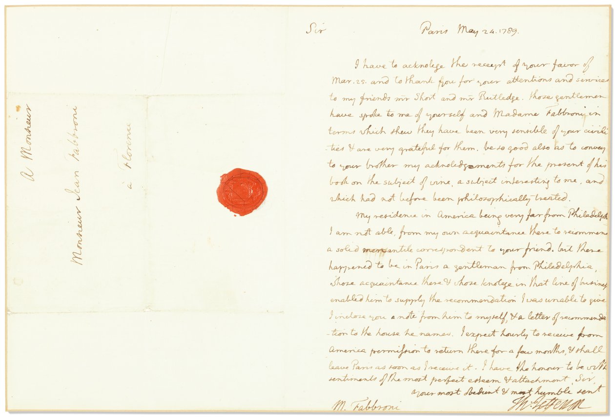 1789年5月24日、フランスの米国大使、パリのジョヴァンニファブローニへの直筆サイン 作： トーマス・ジェファーソン