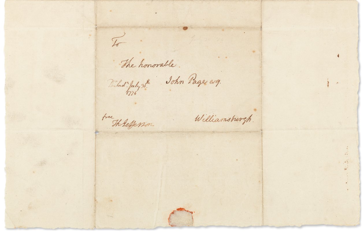 1776年7月30日、フィラデルフィアのジョンページへの直筆の手紙（紙にペンとインク） 作： トーマス・ジェファーソン