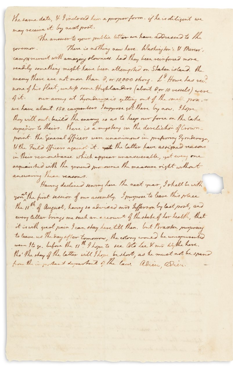 1776年7月30日、フィラデルフィアのジョンペイジへの直筆の手紙 作： トーマス・ジェファーソン