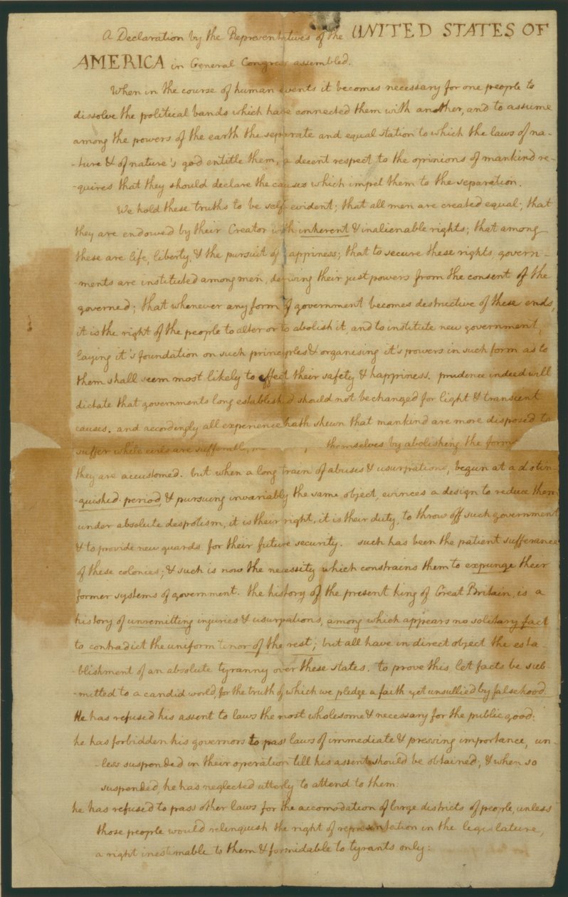 1776年7月4日の独立宣言の草案 作： トーマス・ジェファーソン