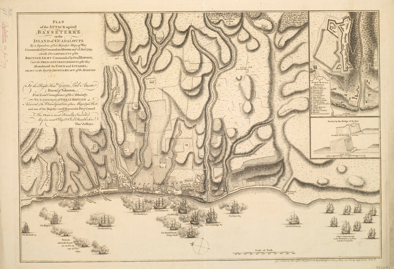 1759年1月22日にムーア提督が指揮した陛下の戦艦隊によるグアダループ島のバセテールに対する攻撃の計画。 作： トーマス・ジェフリーズ