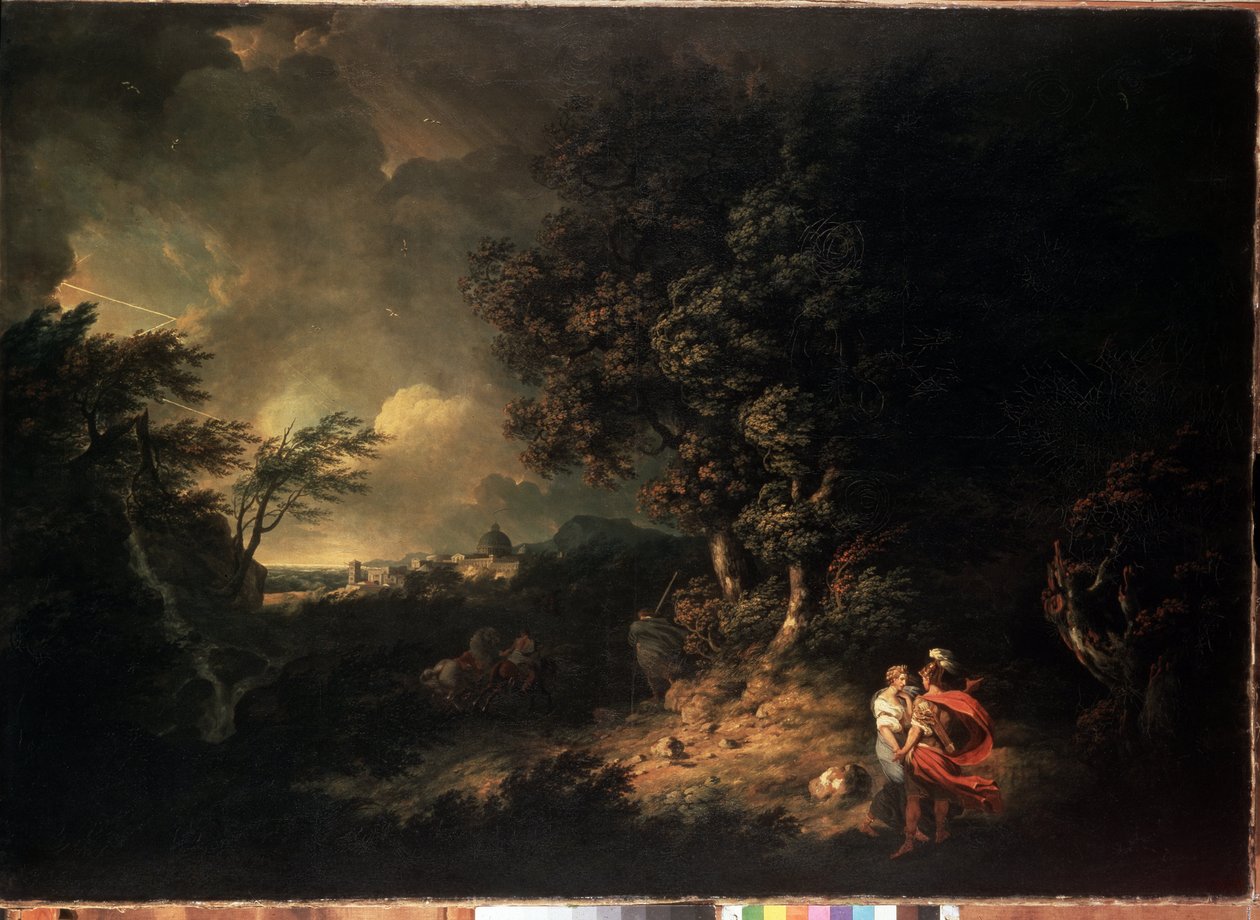 ""Stormscape with Aeneas and Dido"" (Landscape with Aeneas and Dido) Virgil の Aeneid のイラスト。 Thomas Jones (1742-1803) による絵画 1769 Dim. 137.5x193.5 cm エルミタージュ美術館、サンクトペテルブルク 作： トーマス・ジョーンズ