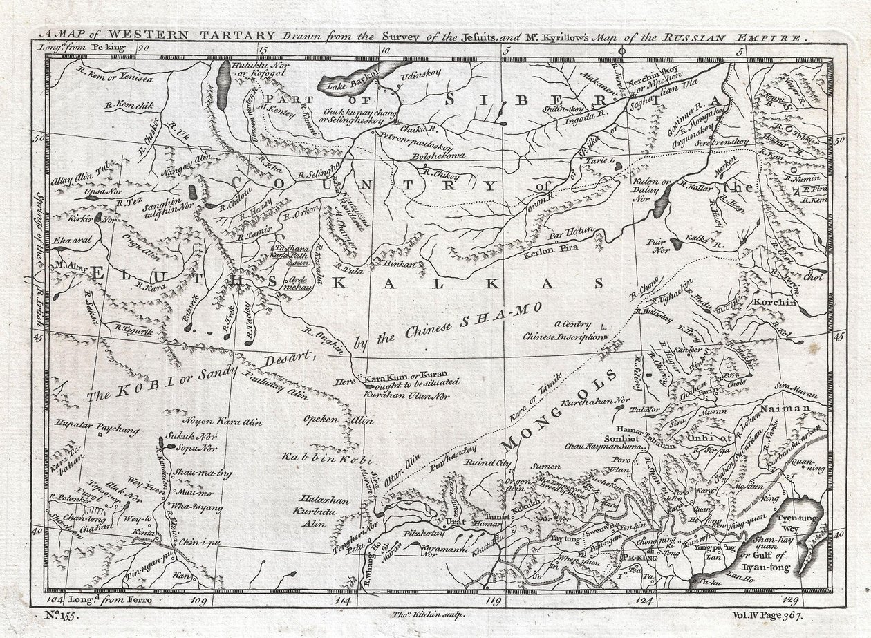 イエズス会の調査とキリロー氏のロシア帝国地図から作成した西韃靼の地図。 作： トーマス・キチン
