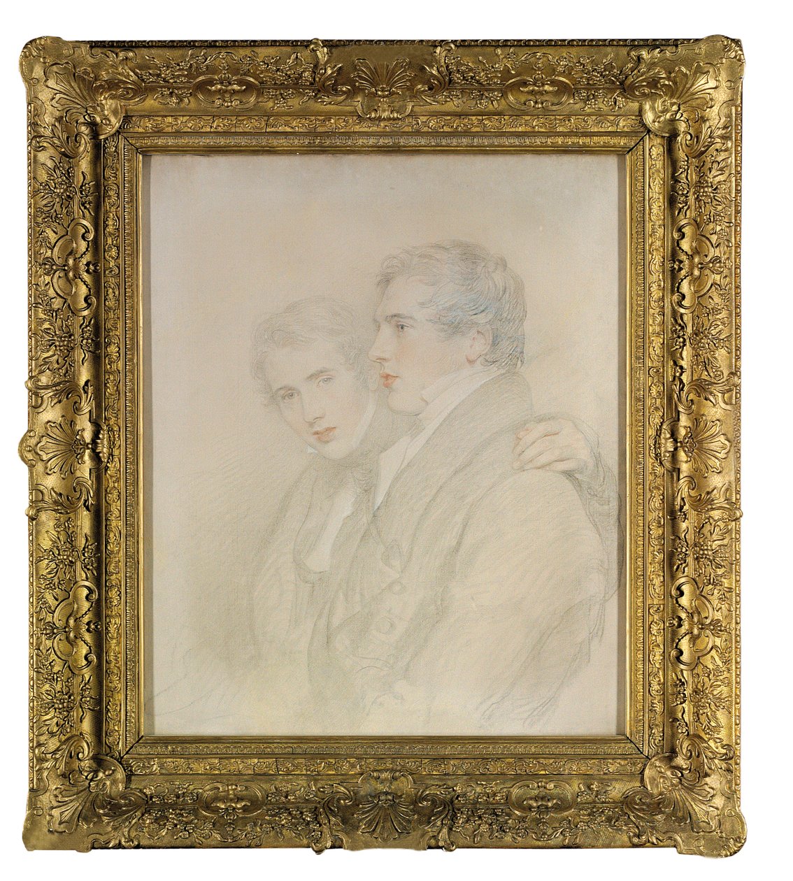 リチャード・ローランド・ブロクサム（1797-1877）とアンドリュー・ブロクサム（1801-1878）の二重の肖像画、ハーフレングス、プロフィール、1823年にサンドイッチ諸島[ハワイ]に向けて出発する前夜（黒、白、赤のチョークで準備されたキャンバス） 作： トーマス・ローレンス
