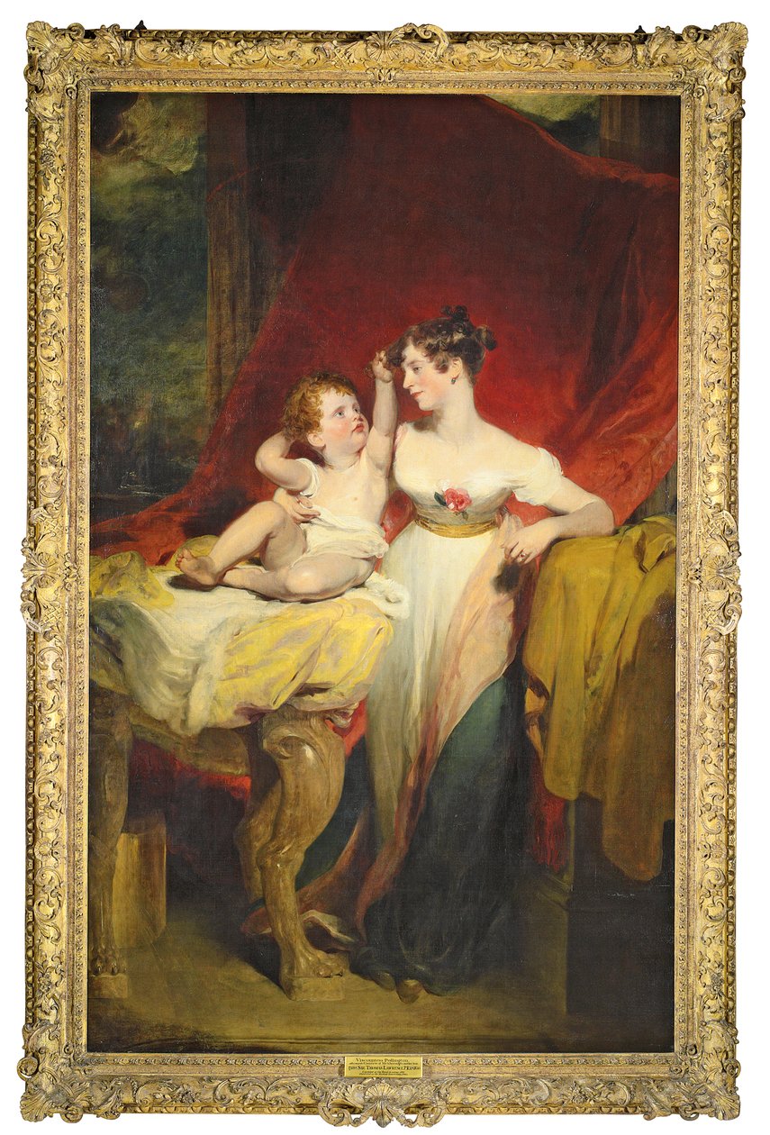 アンの肖像、ポリントン子爵、後にメクスバラ伯爵夫人（d。1870）、息子のジョン・チャールズ（1810-99）、後にメクスバラ伯爵4世、フルレングス、彼女は白いドレスを着てtにバラをつけた 作： トーマス・ローレンス