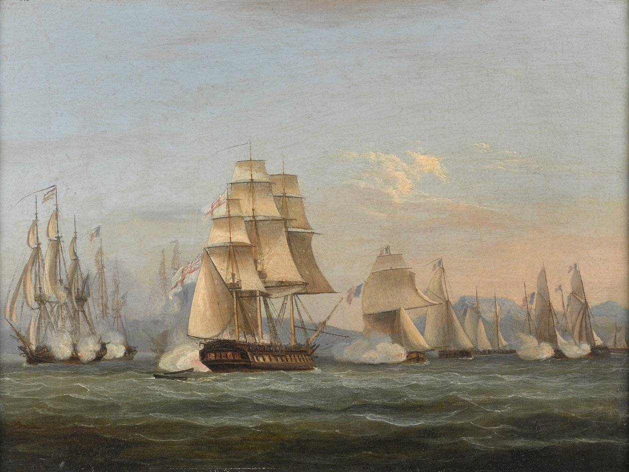 HMS スパルタン & フランスのフリゲート: 行動の開始、1810 年 5 月 3 日 (ナポリ湾) (キャンバスに油彩) 作： トーマス・ルニー